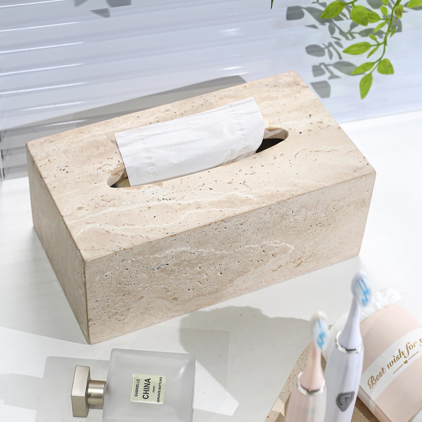 Noble and Light Luxury Natural Travertine Marble Household Tissue Box for Bathroom | Office | Desk | countertop | Vanity | Bedroom | Bedside Table |Beige
