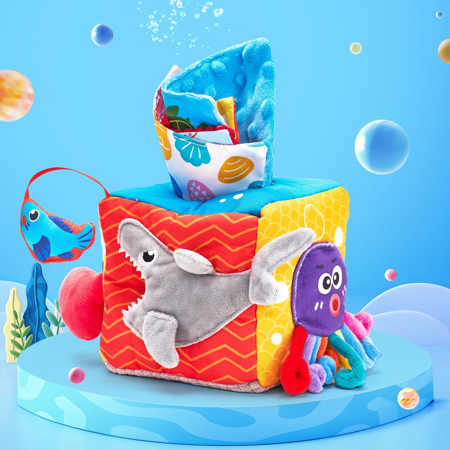 hahaland Baby Tissue Box Toy - Baby Toys 6-12 Months Montessori Toys for 6 Month Old with Textured Tails, Cloth Tissues, Crinkle, Squeaky Sounds, Mirror - Gifts Play Silks Sensoy Scarves for Babies