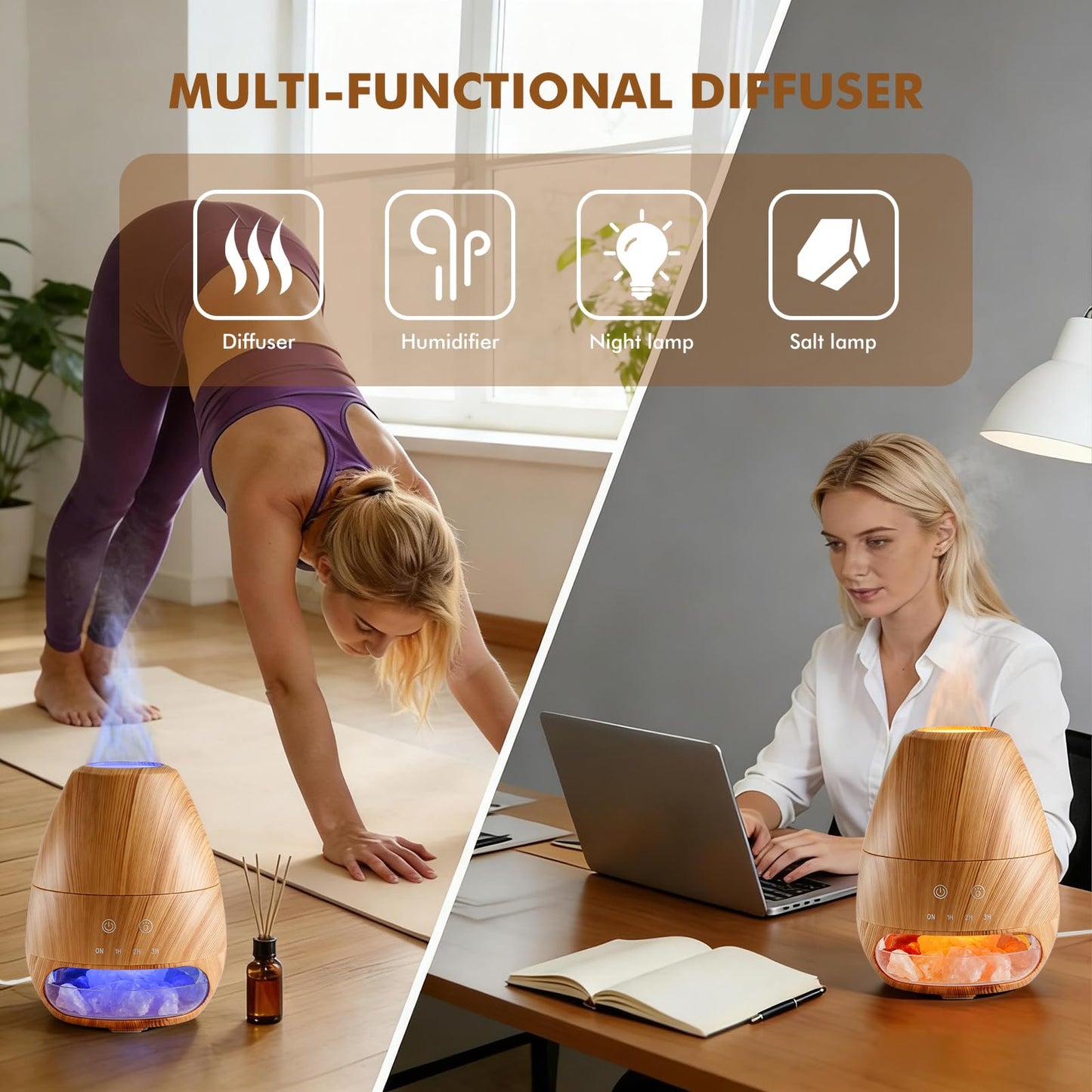 Dialan's Essential Oil Diffuser with Flame Effect Ultrasonic Himalayan Salt Lamp Diffuser Ultrasonic Cool Mist Humidifier Aromatherapy Diffuser with Auto Off for Home Office Gift - 100ml Wood Grain