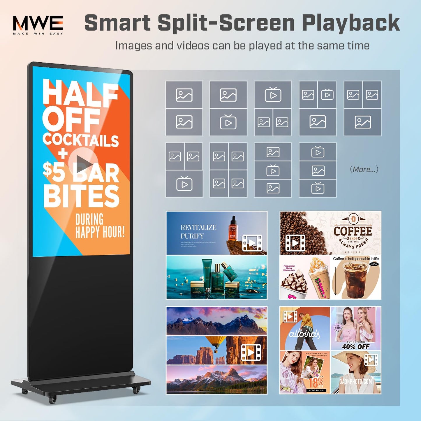 MWE 65 Inch 4K Touchscreen Kiosk, Indoor Floor Standing Digital Signage Displays, Advertising Display LCD Kiosk, Interactive Display Poster Android System with Auto Media Player, HDMI/USB/WIFI