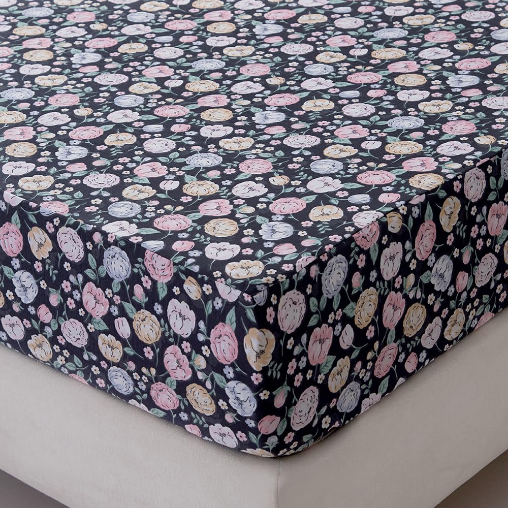 NATURETY Bedding Fitted Sheet with Deep Pocket,Colorful Floral Printed Fabric Bed Sheets(Black Flower,Queen)