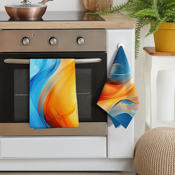 Orange Blue Kitchen Dish Towels Set of 4, Soft Absorbent Marble Decorative Tea