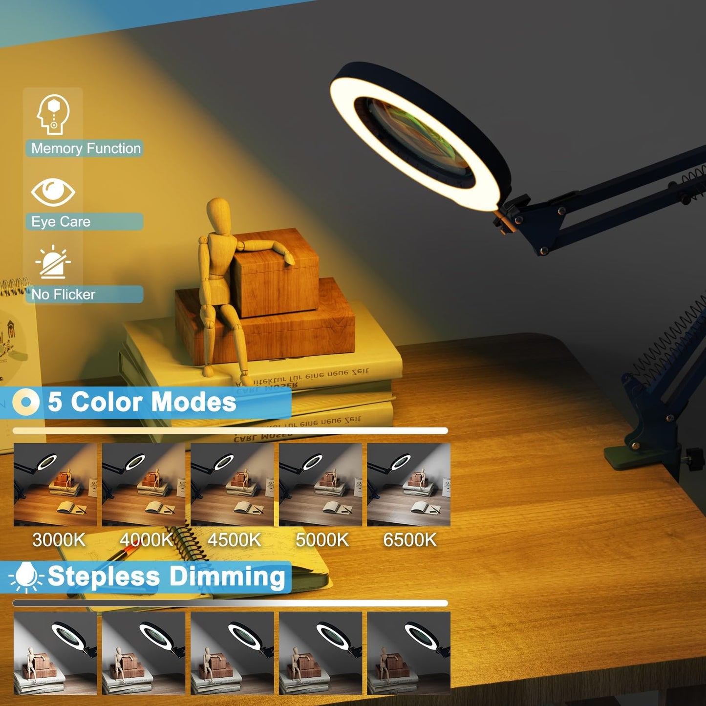 10X Magnifying Glass with Light and Clamp, Real Glass Stand Lighted Magnifier, 5 Color Modes Stepless Dimmable LED Desk Lamp Hands Free for Crafts Hobby Reading Painting Sewing Close Work - Blue