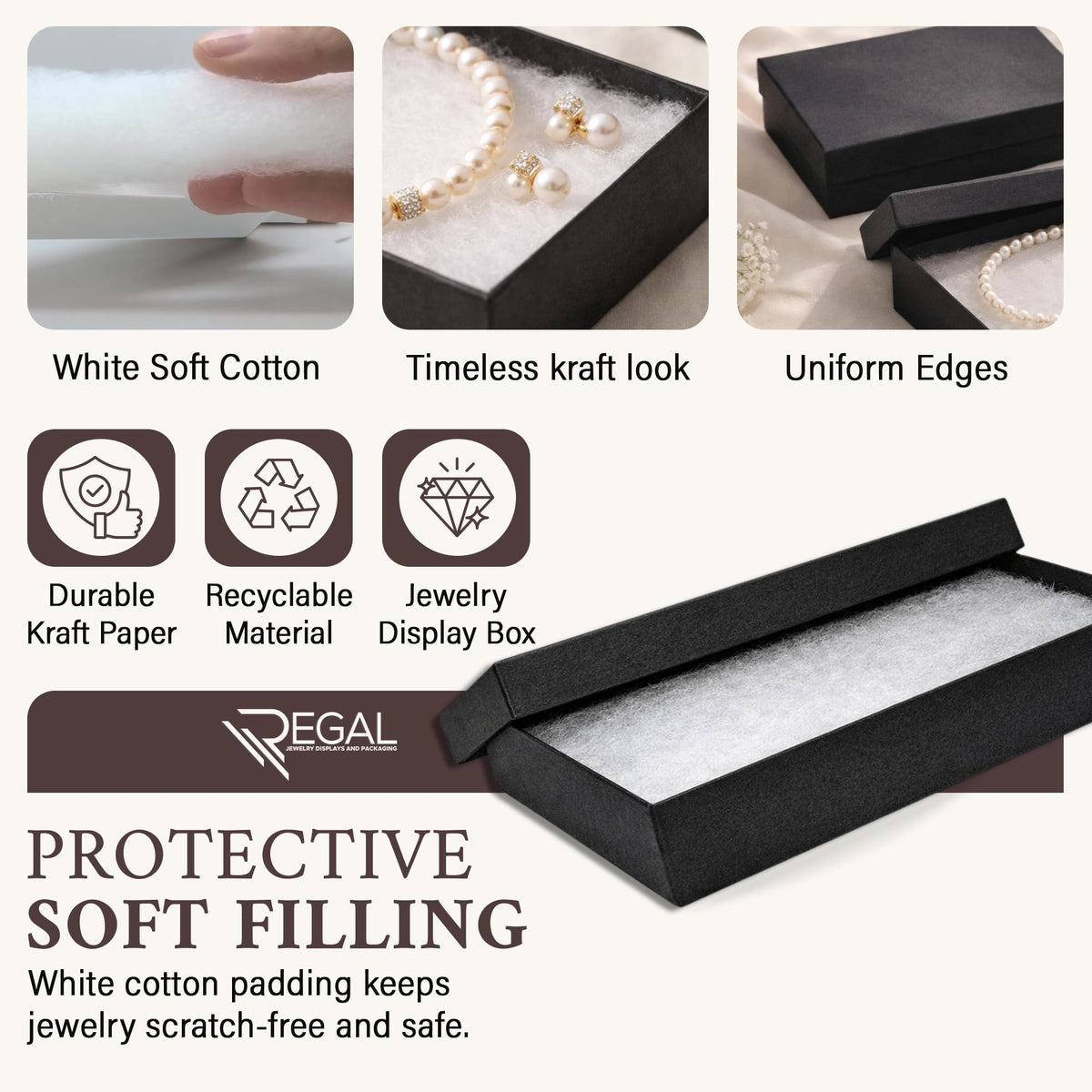 RJ Displays 6 Pack Jewelry Gift Boxes 5.25 x 3.75 x 1 Inch Black Matte Cotton Filled Cardboard Box with Lid, Small Jewelry Packaging for Necklace Bracelet Earrings Bulk Gift Boxes