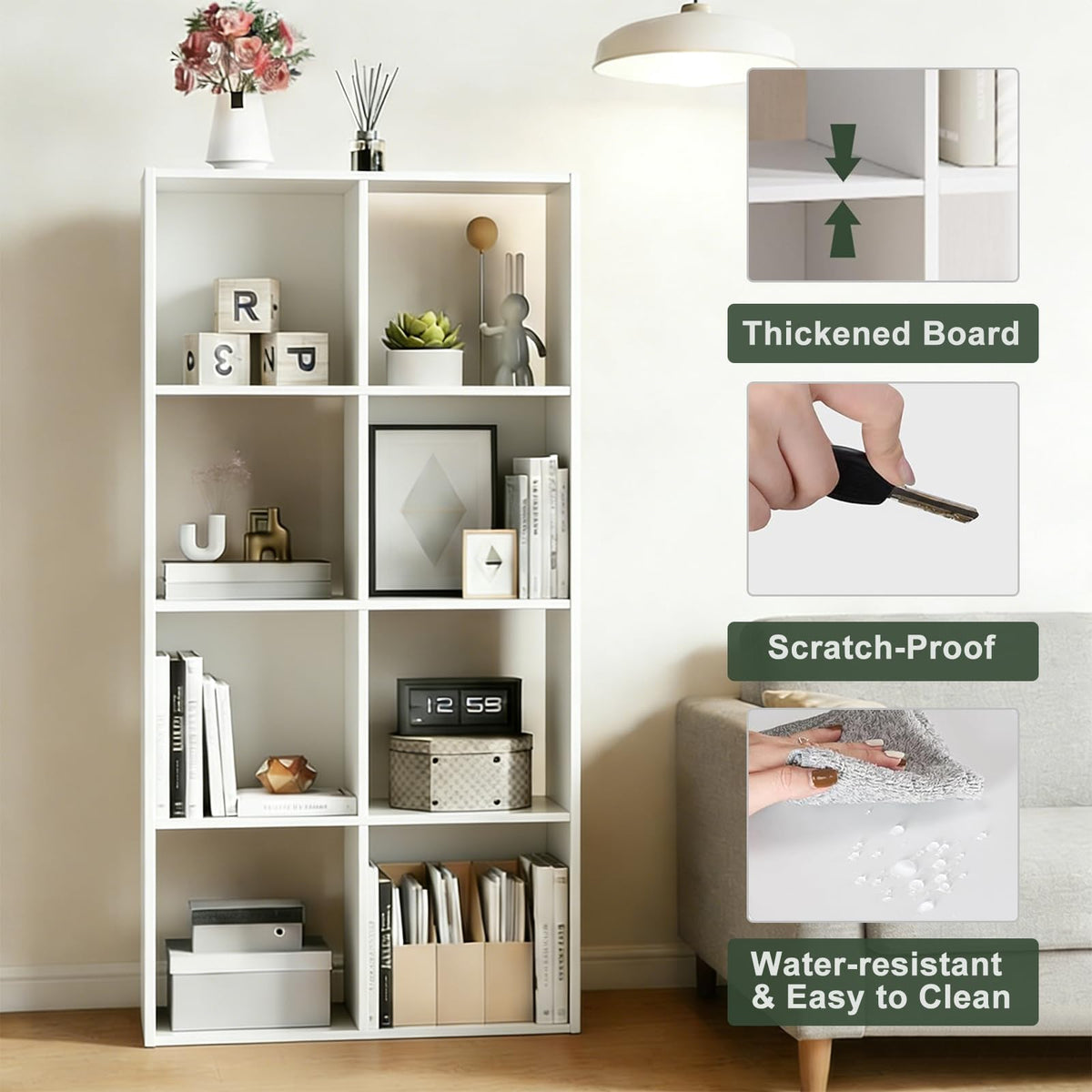 SageNest 8-Cube Storage Organizer Shelf, Open Cube Bookshelf, Reversible Bookcase, Sturdy Modern Storage for Home Office, Bedroom, Living Room, White