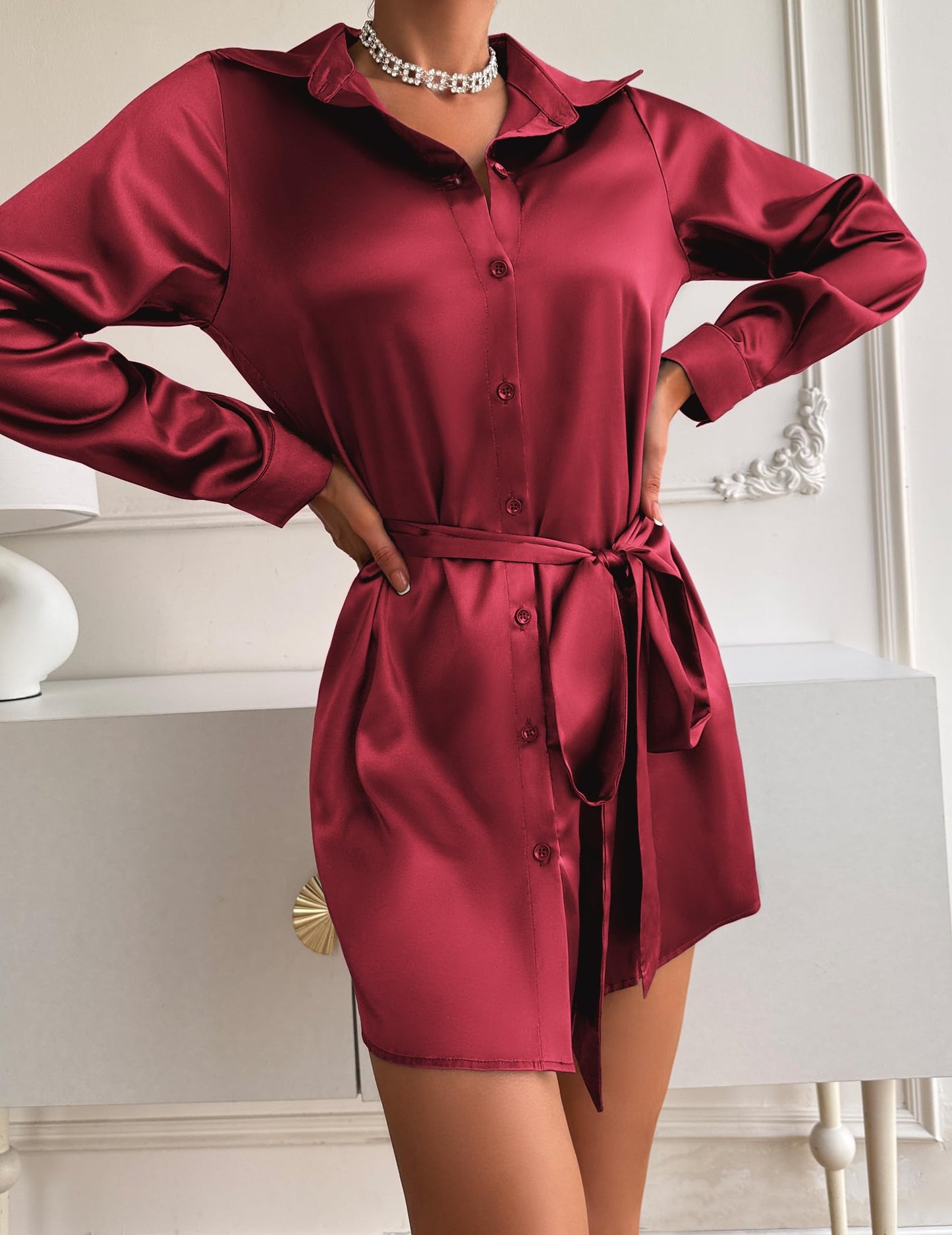 Zeagoo Christmas Red Dress Button Down V Neck Mini Elegant New Year Dress Wine Red L