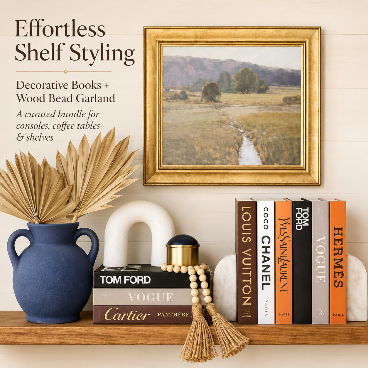 PROBENEX Faux Book Set + Wood Bead Garland Bundle, Luxe Shelf Decor