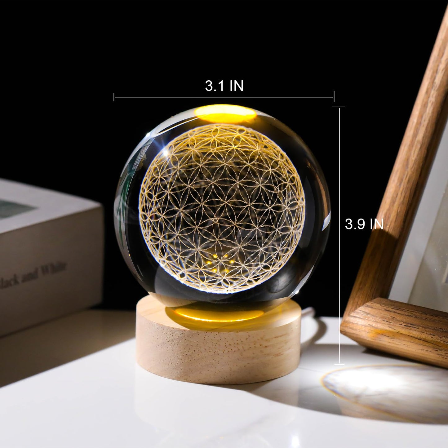 Arikyrist 3D Engraved Flower of Life Crystal Ball, Laser Engraved Grid Flower of Life Sphere Home Decoration, Crystal Engraved Sacred Geometry Glass Sphere Paperweight Ornaments Gifts for Men Women