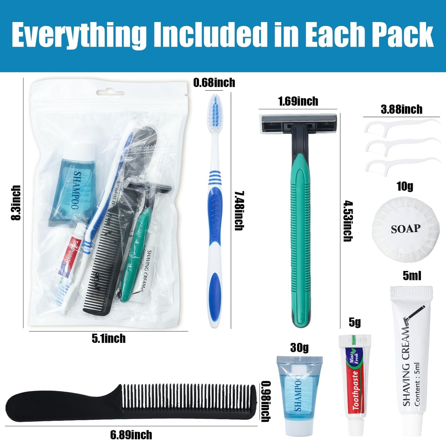 10 Pack Travel Hygiene Kits, 8-in-1 Personal Toiletry Kit -Toothbrush, Toothpaste, Comb, Flossers, Shampoo, Soap, Razor & Shaving Cream, Individually Packed for Travel, Guest Rooms,Vacation Rentals