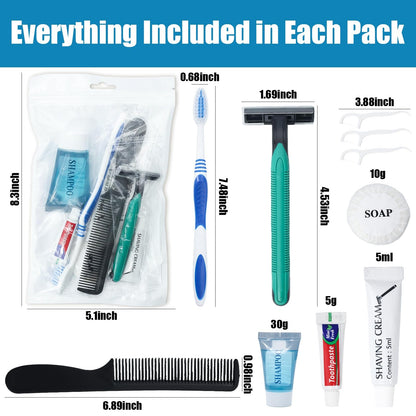 10 Pack Travel Hygiene Kits, 8-in-1 Personal Toiletry Kit -Toothbrush, Toothpaste, Comb, Flossers, Shampoo, Soap, Razor & Shaving Cream, Individually Packed for Travel, Guest Rooms,Vacation Rentals