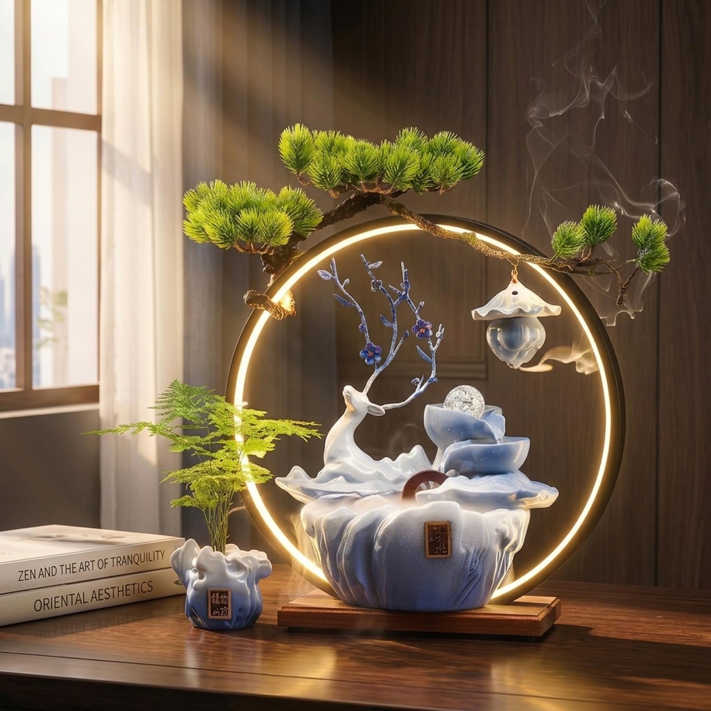 CIFUPUQU Tabletop Water Fountain, 17.3”Tall Deer Statue Waterfall Fountain with Incense Holder, LED Light & Adjustable Pump, Zen Relaxation Desk Fountains for Office,Living Room or Bedroom