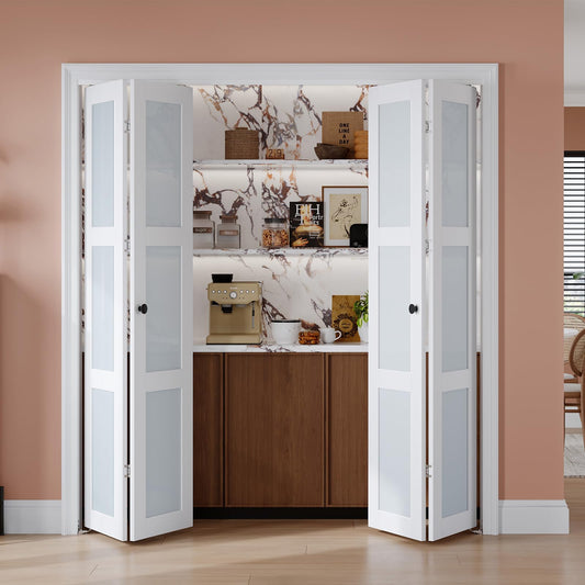 EaseLife Preassembled Bi-Fold Doors, for 60"x 80" Opening,Tempered Frosted Glass Closet Folding Barn Door with Concealed Hardware Kit,MDF Wood Panel,Water-Proof PVC Surface,Easy Installation