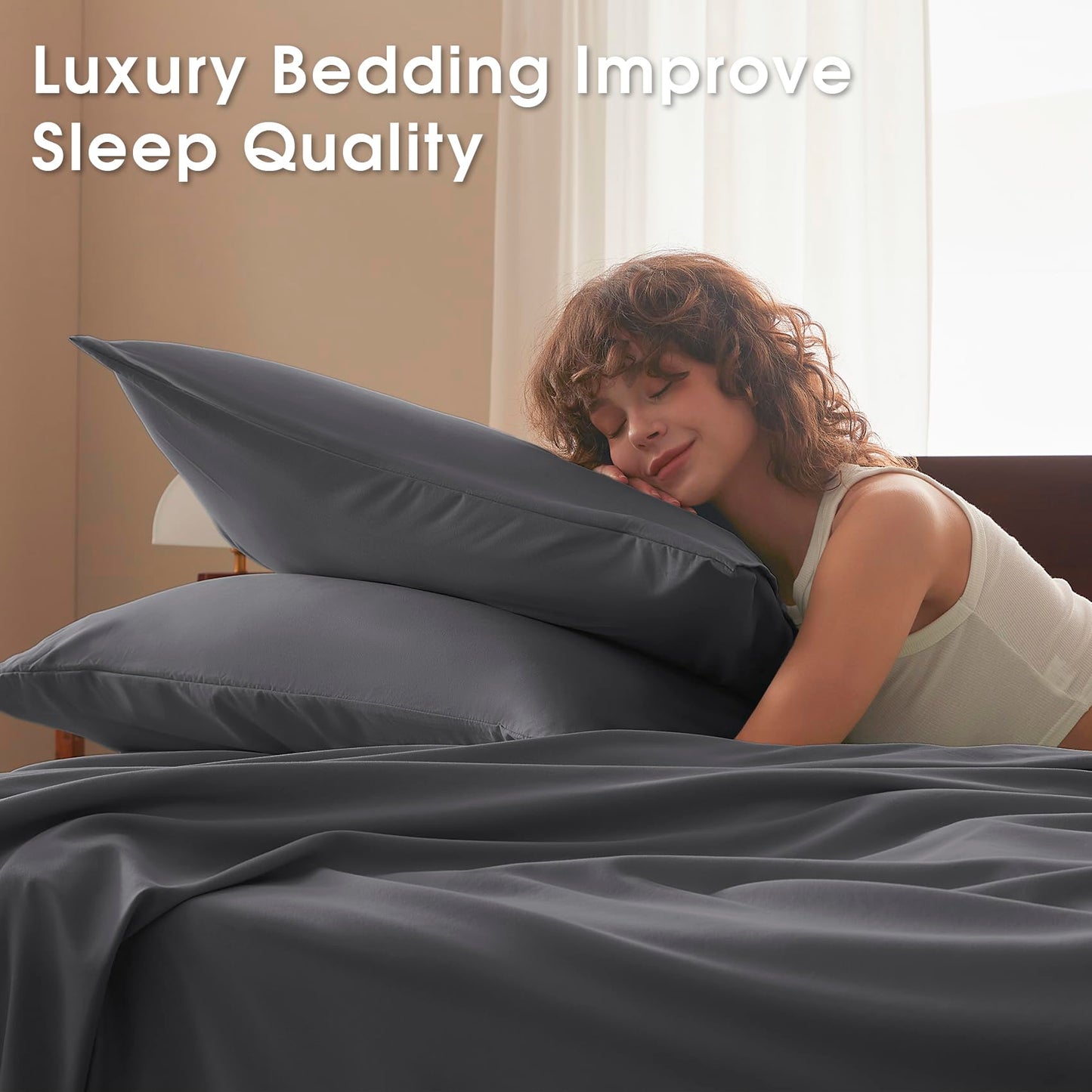 USXIBEI Queen Size 4 Piece Sheet Set - Comfy Breathable & Cooling Bed Sheets Set, Soft and Wrinkle Free, Deep Pockets, Easy & Secure Fit, Hotel Luxury Bedding - Oeko-Tex - Dark Grey