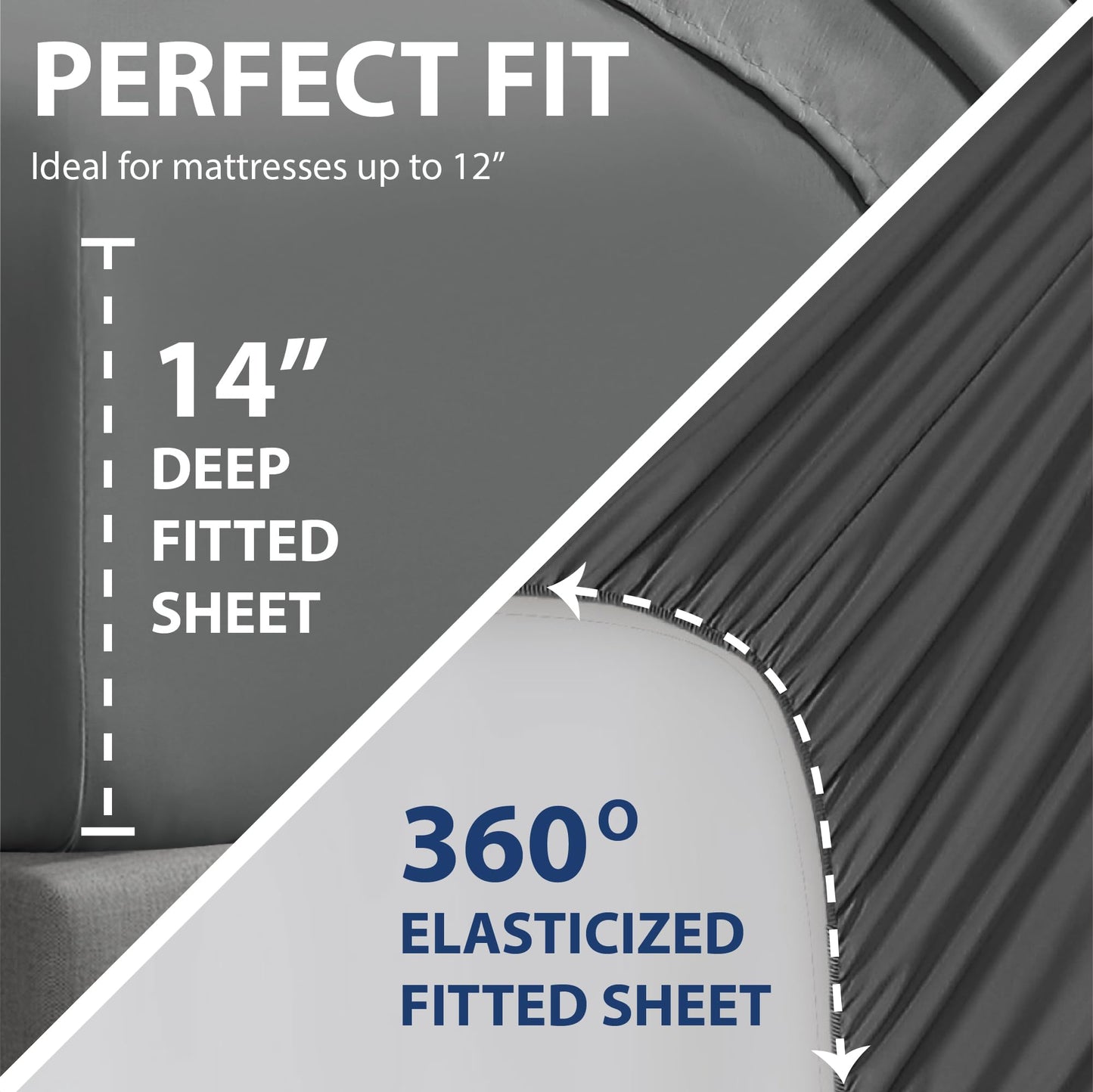 Cathay Home Queen Fitted Sheet with Double-Sided Pockets - 14" Deep Pocket Microfiber Sheet, Double Brushed Ultra Soft Bed Sheet, Wrinkle & Fade Resistant, Grey