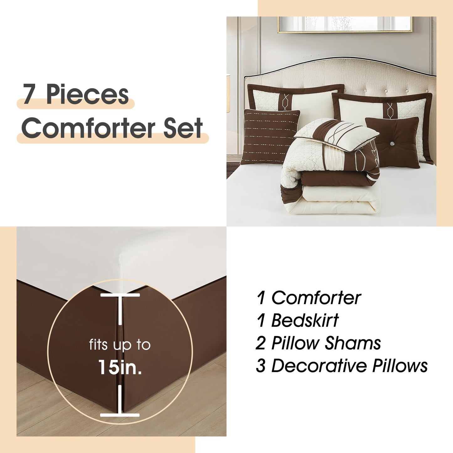 LANCO MODERN LIFESTYLE 7 Piece Comforter Set, Queen, Brown Geometric Clip Design, 100% Polyester, Luxury All Seasons Bed Set Includes Comforter, Bed Skirt, Pillow Shams, and Decorative Pillows