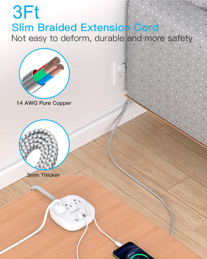 Flat Plug Power Strip, 6ft Ultra Flat Extension Cord - 3 Outlets 4 USB Ports (2 USB C) 22.5W/4.5A Desktop Charging Station, Power Strip No Surge Protection for Cruise Ship, Dorm Room Travel Essentials