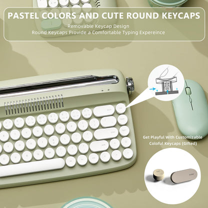 YUNZII Upgraded Wireless Typewriter Keyboard,with Retro Integrated Stand,USB-C/Bluetooth,Cute Round Keycaps, USB-C/Bluetooth Connection for Table, Phone, PC and Win/Mac/Android (B309, Baby Pink)