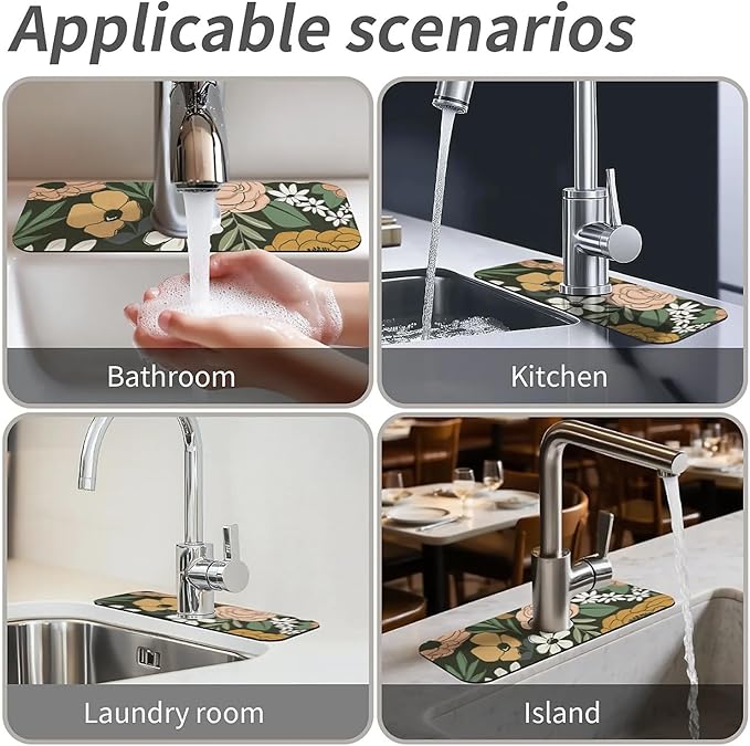 Kitchen Sink Splash Guard，Vintage Large Floral Faucet Mat Sink Gadgets-Super