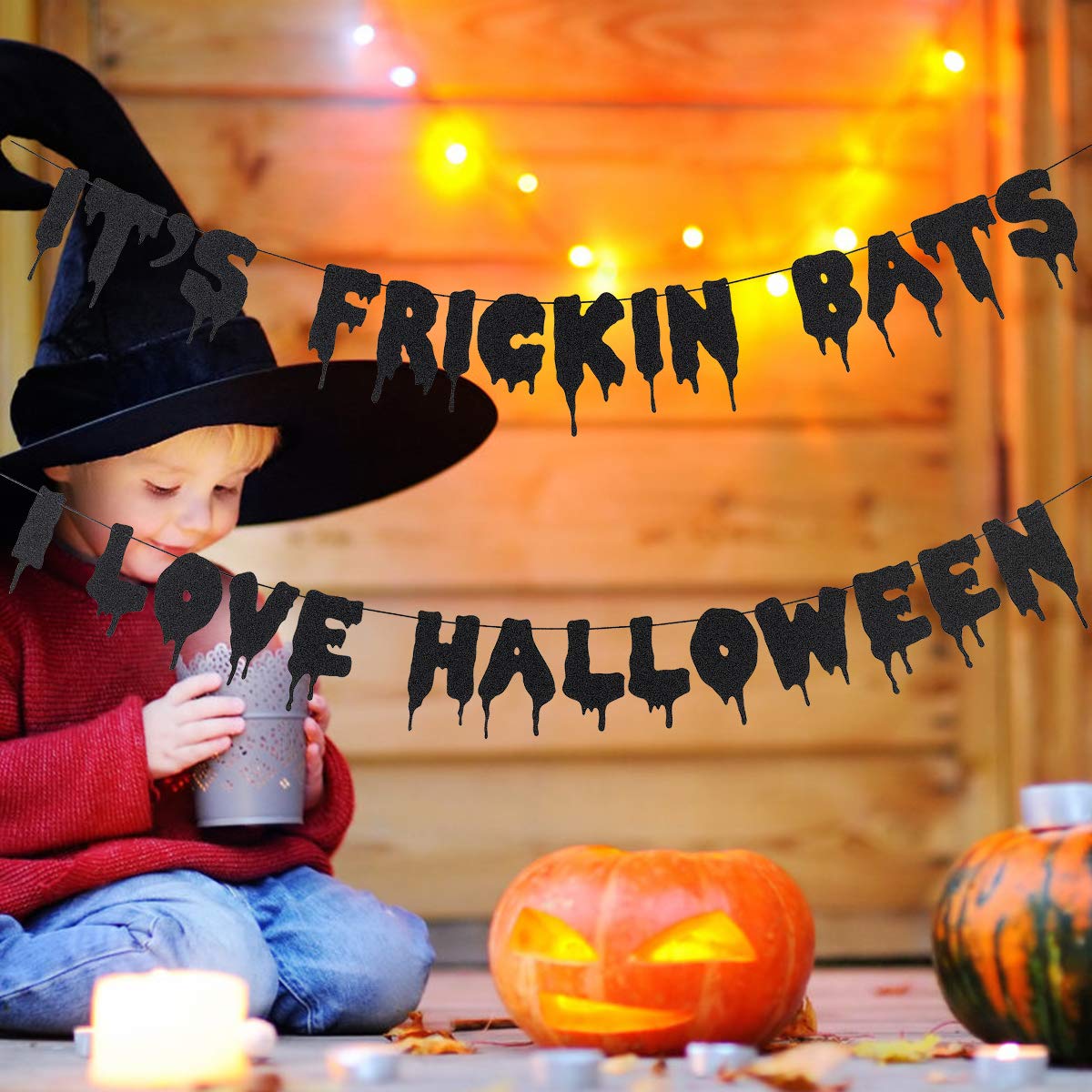 Black Glitter It's Frickin Bats I Love Halloween Banner, Halloween Bats Banner Spooky Halloween Party Banner for halloween Mantle Yard Home Decor