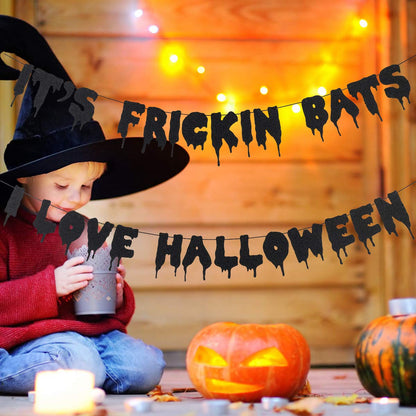 Black Glitter It's Frickin Bats I Love Halloween Banner, Halloween Bats Banner Spooky Halloween Party Banner for halloween Mantle Yard Home Decor