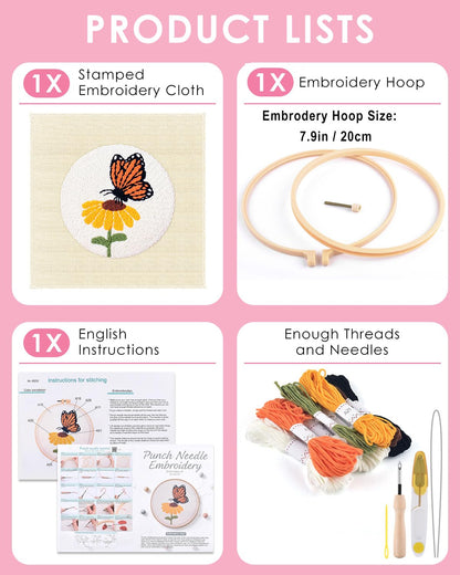 TINDTOP Punch Needle Kits, DIY Punch Embroidery Kits for Adults Beginner, Tool with Punch Needle Fabric, Hoops, Yarns and Sewing Needles (Set A)