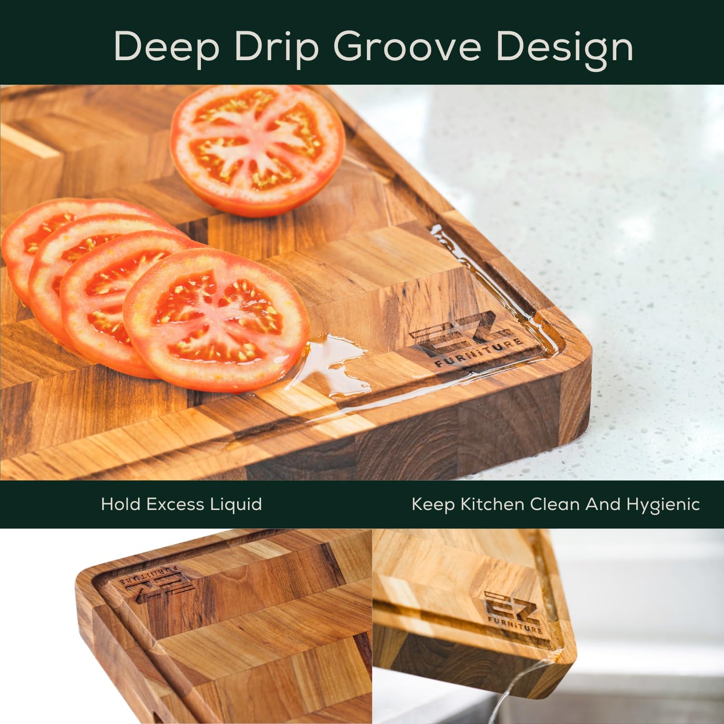 EZ FURNITURE Set of 3 Acacia Edge Grain Cutting & Charcuterie Boards with Extra Stand, Reversible Knife-Friendly Wooden Design with Juice Groove & Handles, Non-Toxic, Gift Box Included