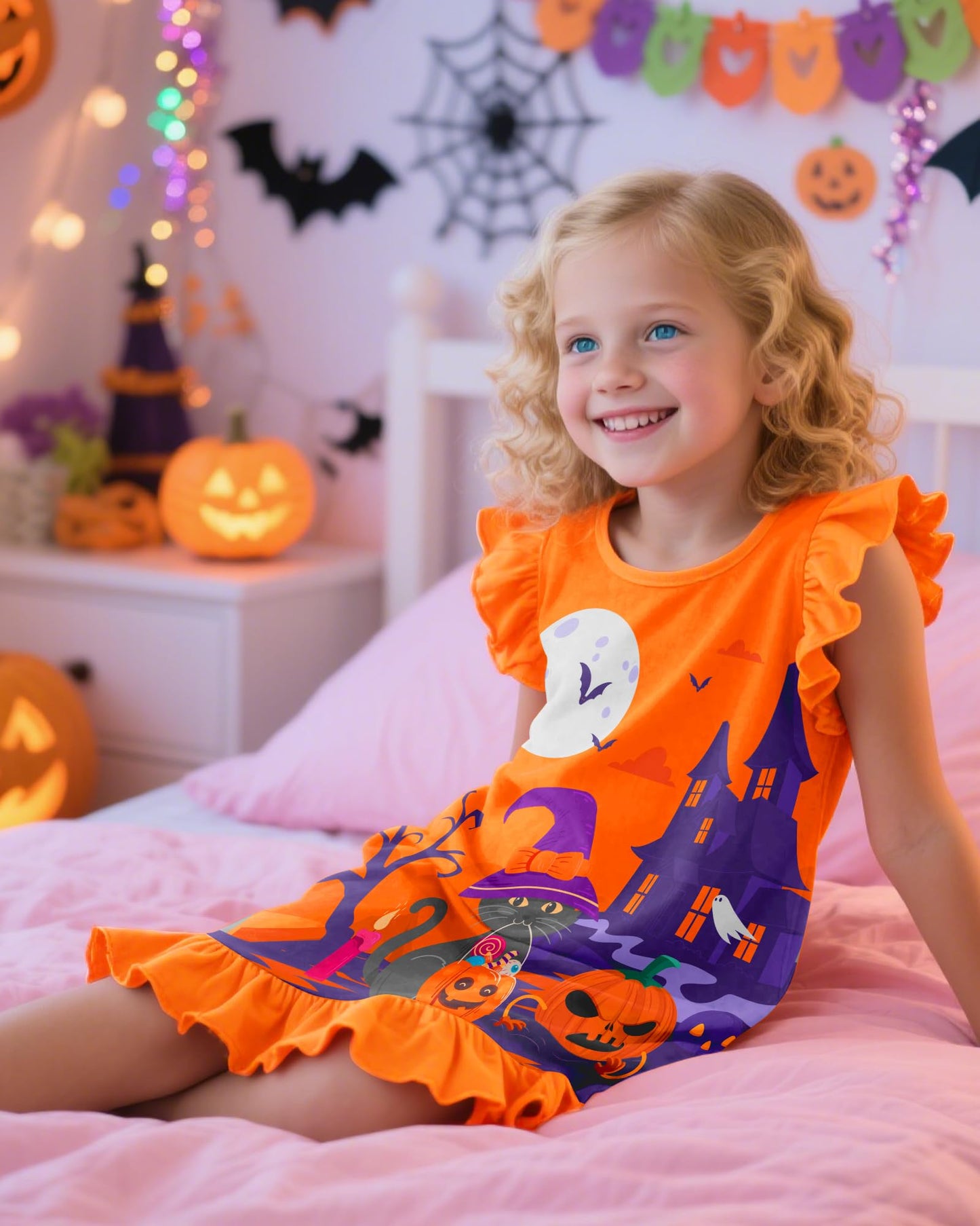 Sylfairy Girls Halloween Nightgown, Cat Toddler Nightgown Princess Pajama Dresses for Girls Sleepwear Nightie Orange 8 Years 9 Years