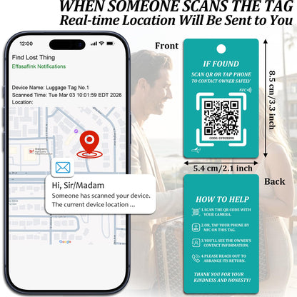 Luggage Tag with NFC & QR Code - Find My Bag Tracker, No App Needed, Scan QR or Tap NFC to Contact Owner, Real-Time Location Alert Upon Scan to Email, One-Time Purchase No Subscription - Teal 2pcs