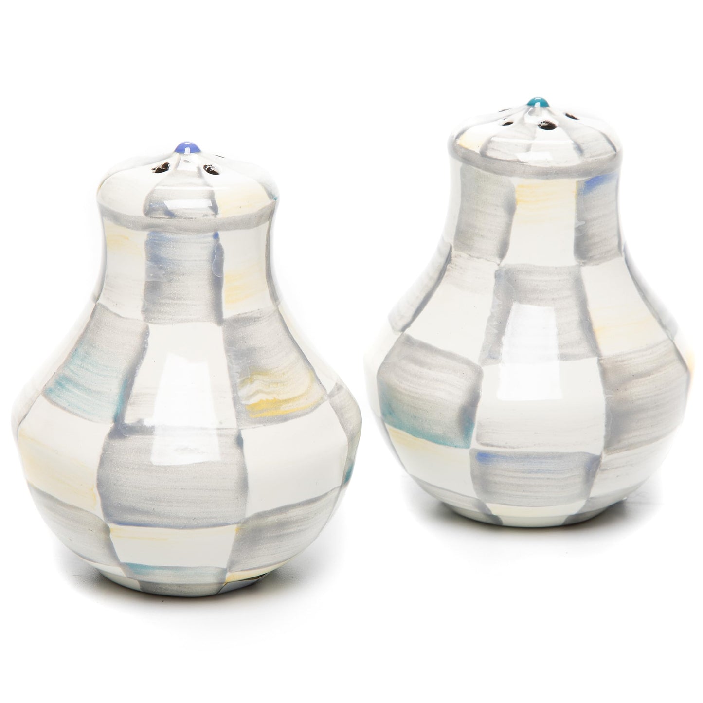 MACKENZIE-CHILDS Enamel Salt and Pepper Shakers, Farmhouse Kitchen Decor and Accessories, Small, Gray-and-White Sterling Check