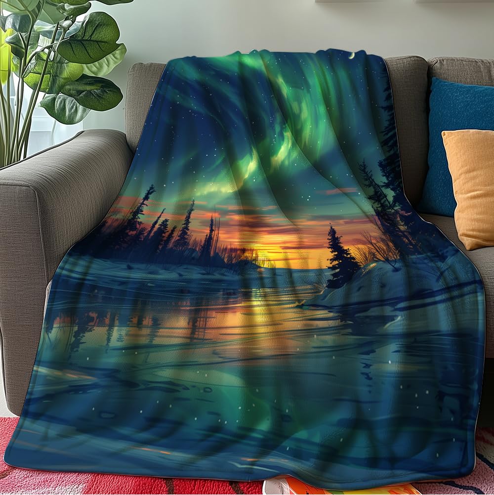HUNXIAOJ Northern Lights Blanket Aurora Borealis Throw Blanket Northern Lights Gifts Landscape Decor Warm Soft Flannel for Girls Boys Women Teens Adults Bed Sofa Couch (50 in x 60 in)