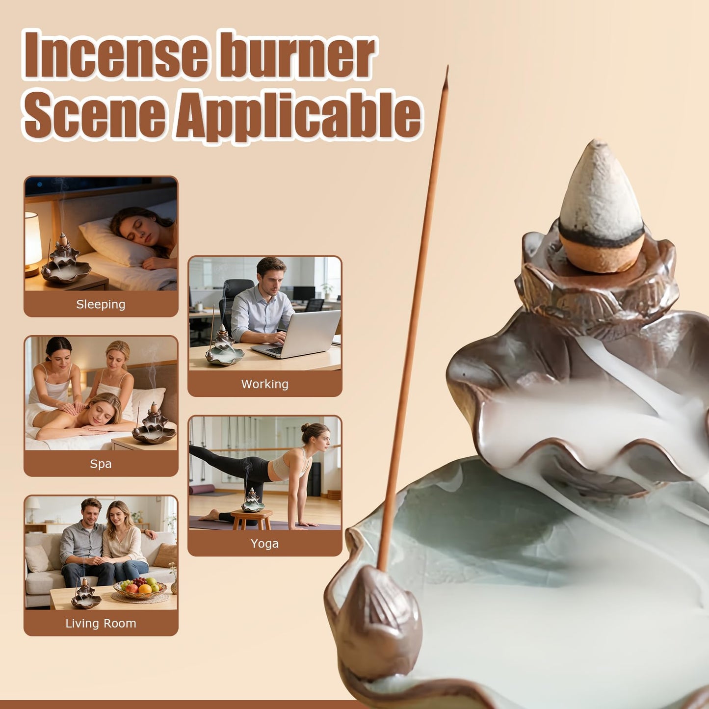 Waterfall Incense Burner, Lotus Backflow Incense Holder Ceramic Censer Cones Sticks Porcelain Holder for Home Décor, Meditation, Yoga, Spiritual Rituals (Light Blue)