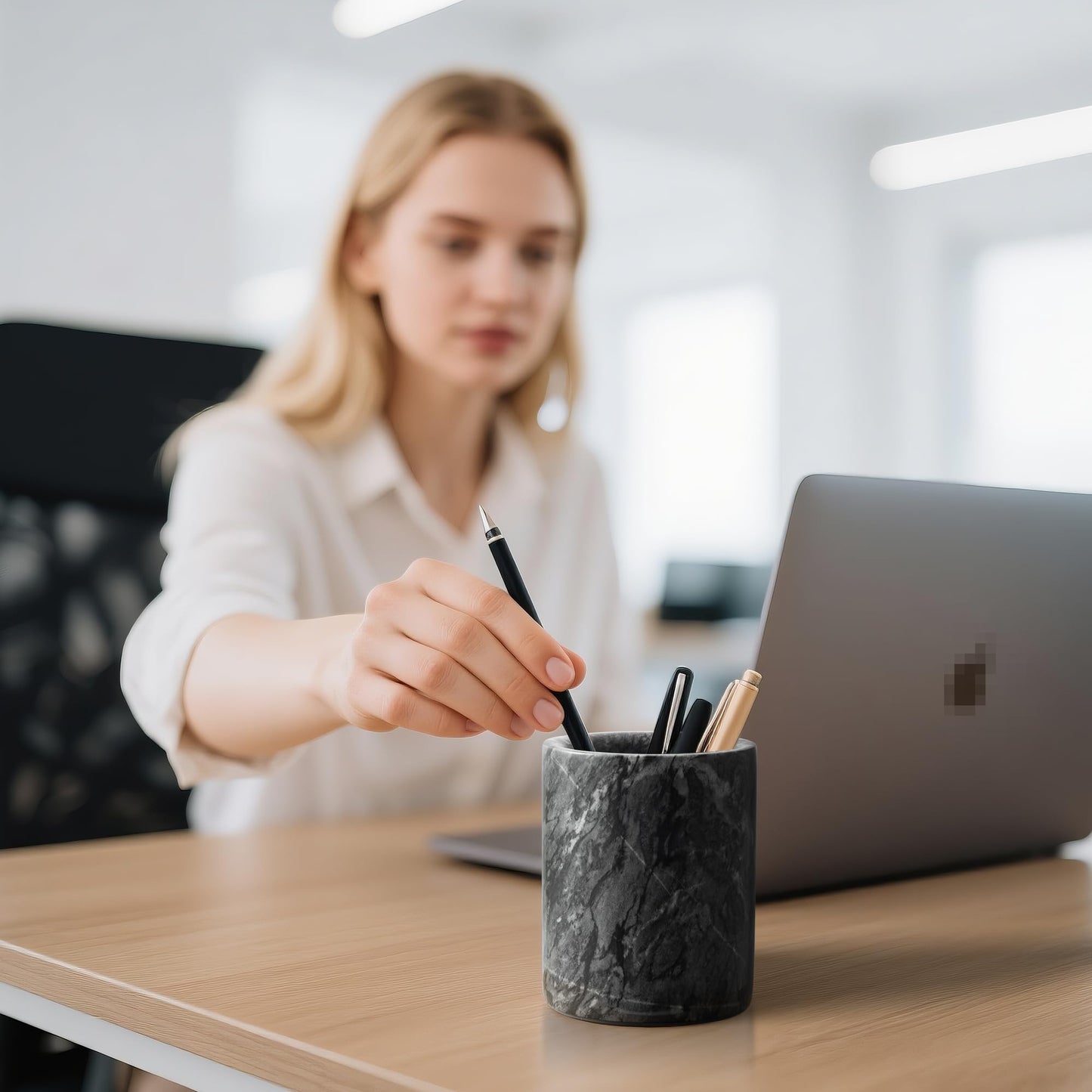 WORHE Pen Holder Stand Italy Natural Premium True Marble Makeup Brush Holders, Tableware Organizer Desk Pencil Cup for Home Office School Decor Dark Grey (DL012)