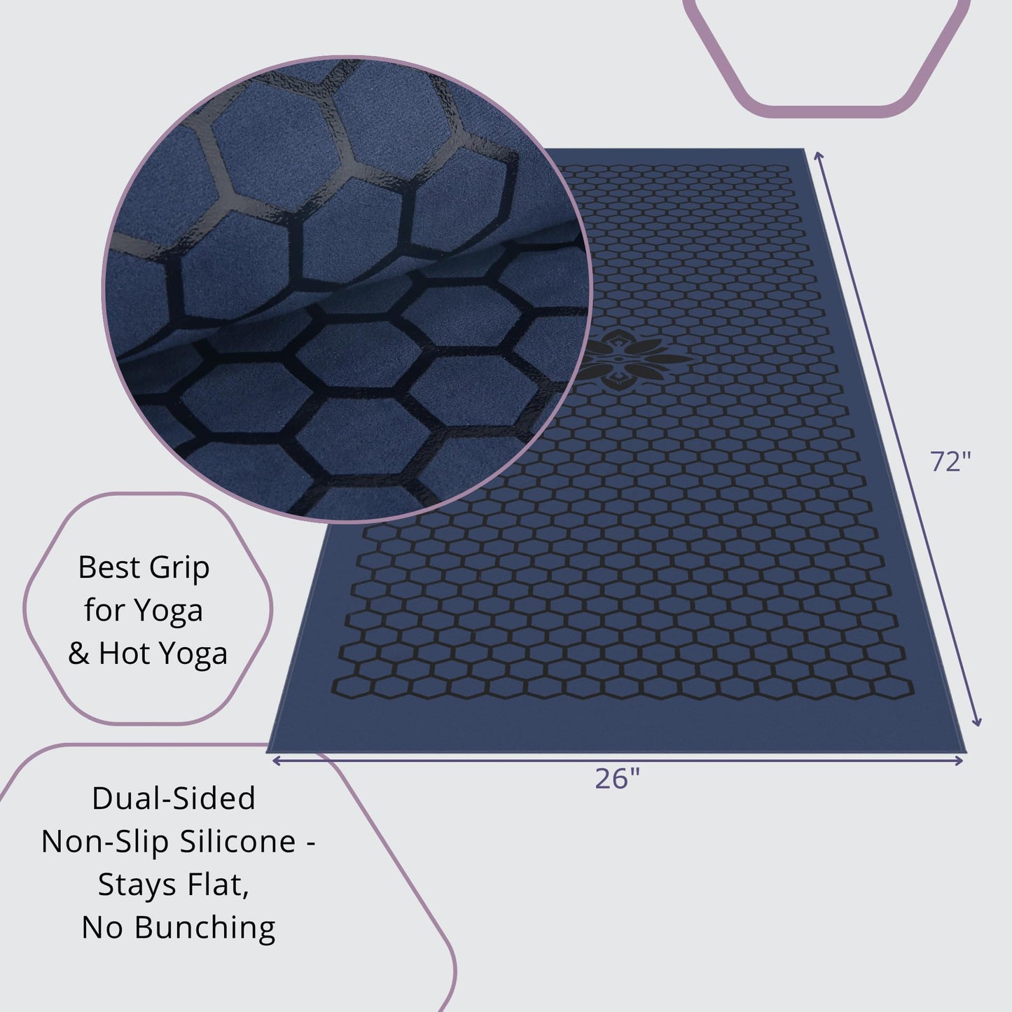 Clever Yoga Hot Yoga Mat Towel – Non-Slip Grip for Hot Yoga, Sweat Absorbent, Honeycomb Silicone Grip, Stays Flat – Ideal for Pilates, Travel, Washable & Lightweight - Dark Blue