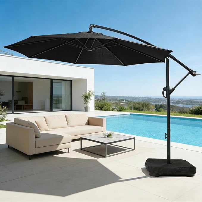 wikiwiki 10ft Patio Umbrella with Base Included, Outdoor Offset Cantilever Umbrella with Sandbag Base for Backyard, Garden and Pool, Easy to Tilt and Crank, Black
