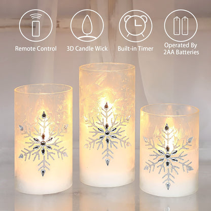 Immeiscent Christmas Flameless Candles, Jeweled Snowflake Iced Glass Candle, LED Flickering Pillar Candle with Timer&Remote for Xmas,Home Decor,Holiday,Set of 3 (D 3” X H 4” 5” 6”)