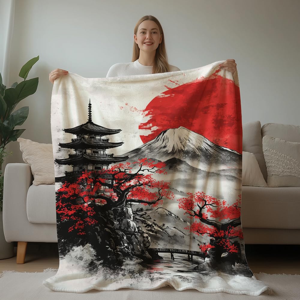 HUNXIAOJ Japanese Throw Blanket Japanese Gifts Cherry Blossom Blanket Japan Scenery Decor Warm Soft Flannel for Girls Boys Women Teens Adults Bed Sofa Couch (60 in x 80 in)