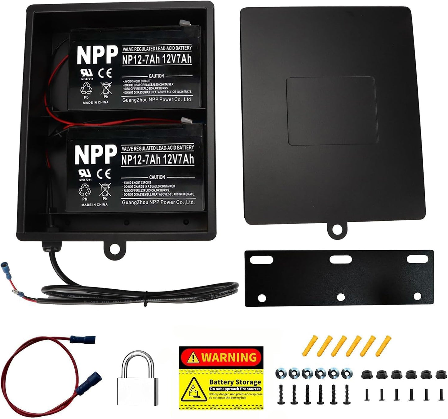 2025 New Upgraded Steel Battery Box with 2 Batteries Kit(12V 7AH Lead-Acid), for 12/24V Driveway Swing Gate Opener, Upgraded ABBT Battery Box Kit (Kit with 2 Batteries)