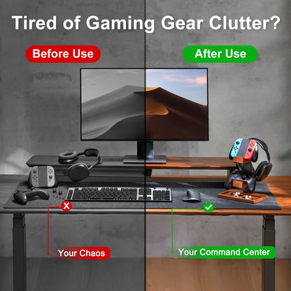 HUMANCOZY Solid Wood Controller Holder and Headphone Stand, Gaming Controller Stand for Desk, Dual Controller Organizer Rack, Fits Xbox, PS4, PS5, Gamepad, Headset Holder for Son, Husband, Boyfriend