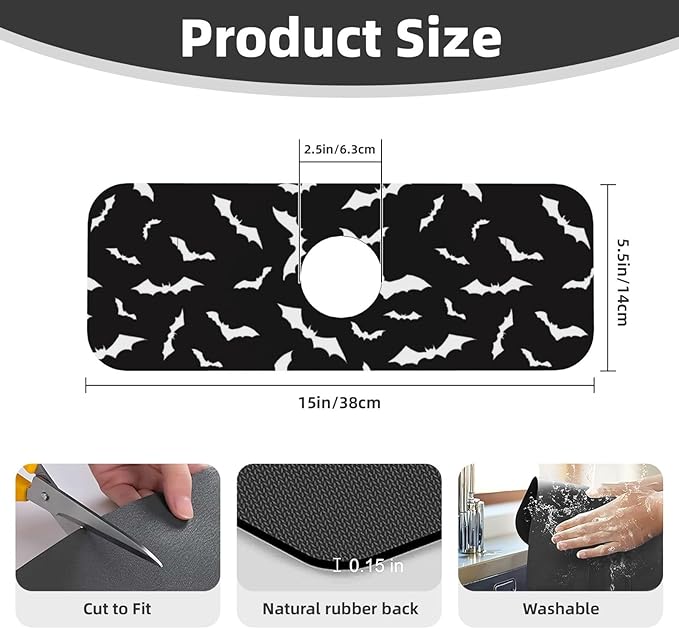 Halloween Cool Black Bat Kitchen Sink Splash Guard Faucet Mat Super Absorbent