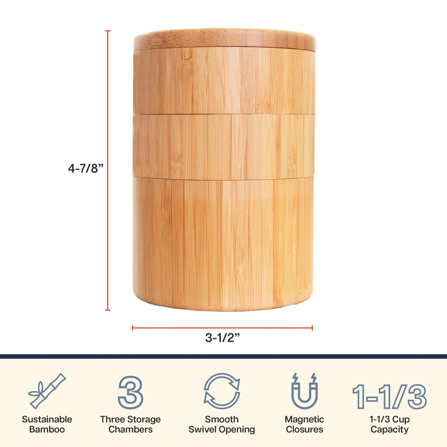 Totally Bamboo Triple Salt Cellar, 3 Tier Bamboo Salt and Pepper Container with Magnetic Swivel Lids, Seasoning Box for Herbs and Spices, 1⅓ Cup
