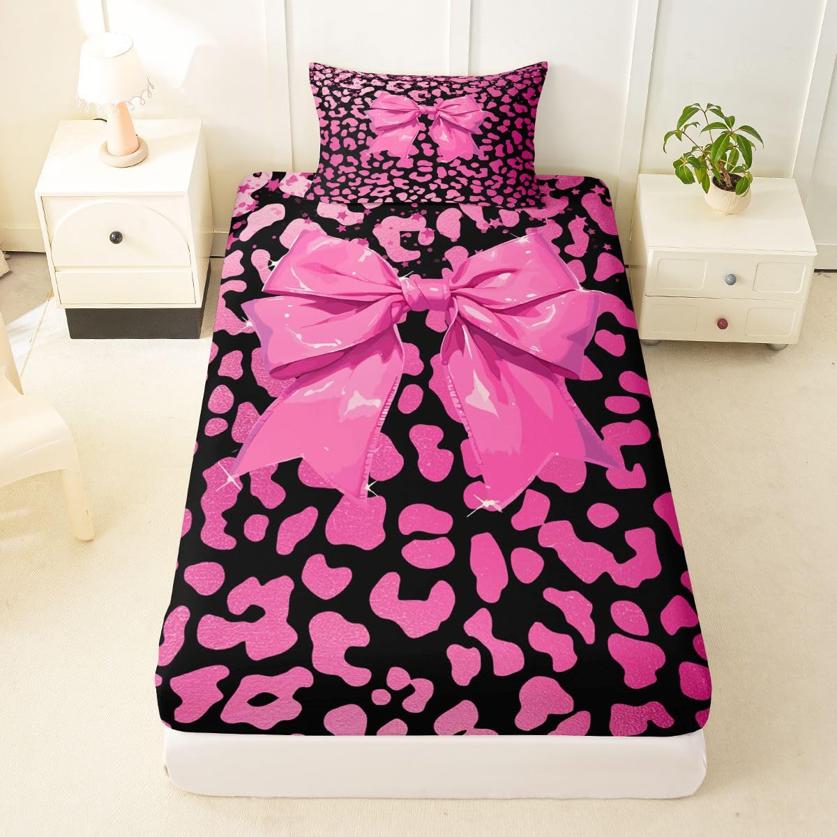 jejeloiu Pink Bowknot Fitted Sheet with 1 Pillowcase Twin Size Cute Leopard Bow Bed Sheets Set 16" Deep Pocket Boys Girls Glitter Bow Bedding Teens Bedroom Decor Breathable Soft Lightweight Microfiber