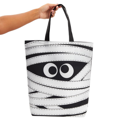 BLUE PANDA Halloween Tote Bags - 15 x 16 in, Black & White Canvas, Pack of 12 - Reusable Mummy-Print Trick-or-Treat Goodie Bag for Party Favors