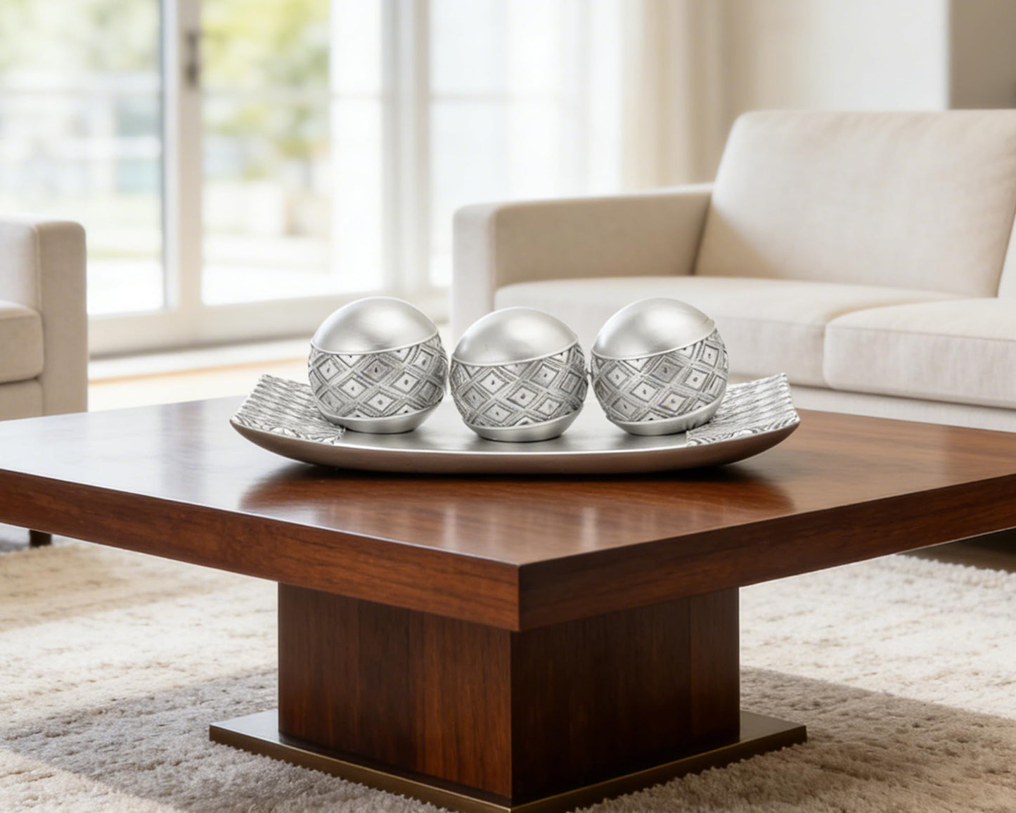 BOIHEGU Silver Decorative Orbs with Tray Set, 3Pcs Resin Decorative Balls with Tray, Modern Accent Sphere for Coffee Table, Dining Table, Living Room, Entryway