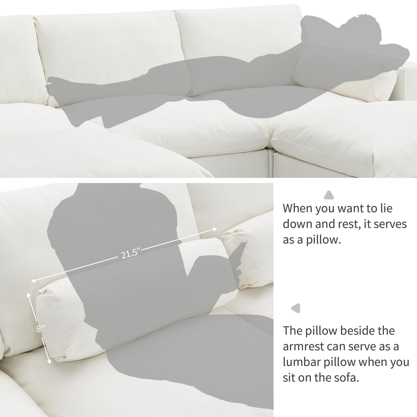 Merax 86.5" Sectional Sofa with Storage Pockets & Removable Ottomans, Cream 5 Seat U Shaped Sleeper Cloud Couch Set, Convertible L-Shaped Upholstered SofaBed for Living Room and Apartment, White