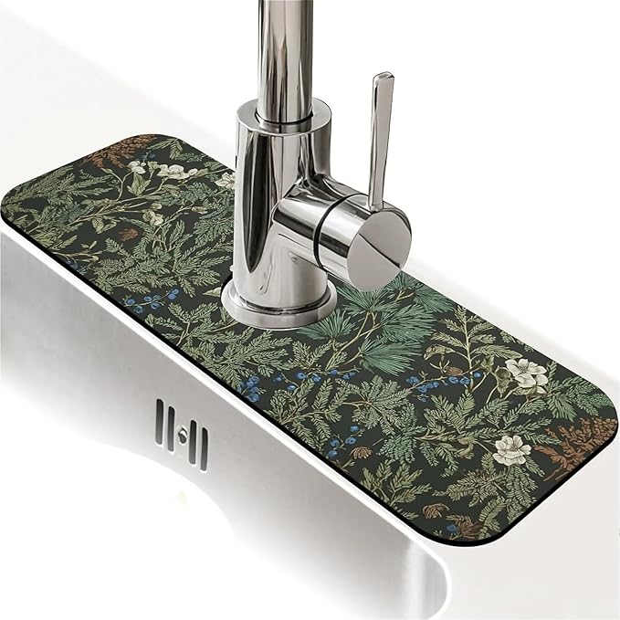 Kitchen Sink Splash Guard，Dark green forest Faucet Mat Sink Gadgets-Super