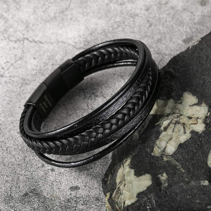 Murtoo Mens Unisex Cuff Bracelet - Black Leather Multi-Layer Magnetic Clasp Rope Wristband (Black, 7.5'')