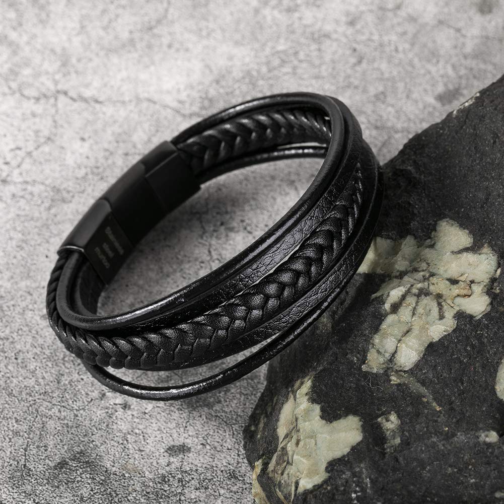 murtoo Bracelet for Man Cowhide Genuine Leather Women Unisex Cuff Wrap Bracelet Brown Black Multi-Layer Magnetic Clasp Rope Wristband (Black, 8.7'')