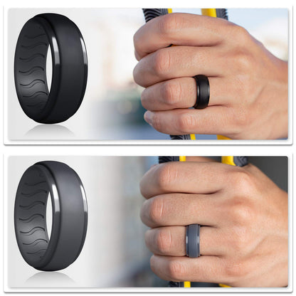 Dookeh Breathable Mens Silicone Wedding Rings, Rubber Ring Bands For Men, Black Blue Camo Engagement Band, Best for Workout, 1-4-7 Pack (W3-Titanium,Dark Gray,Cast Iron,Black, 10)