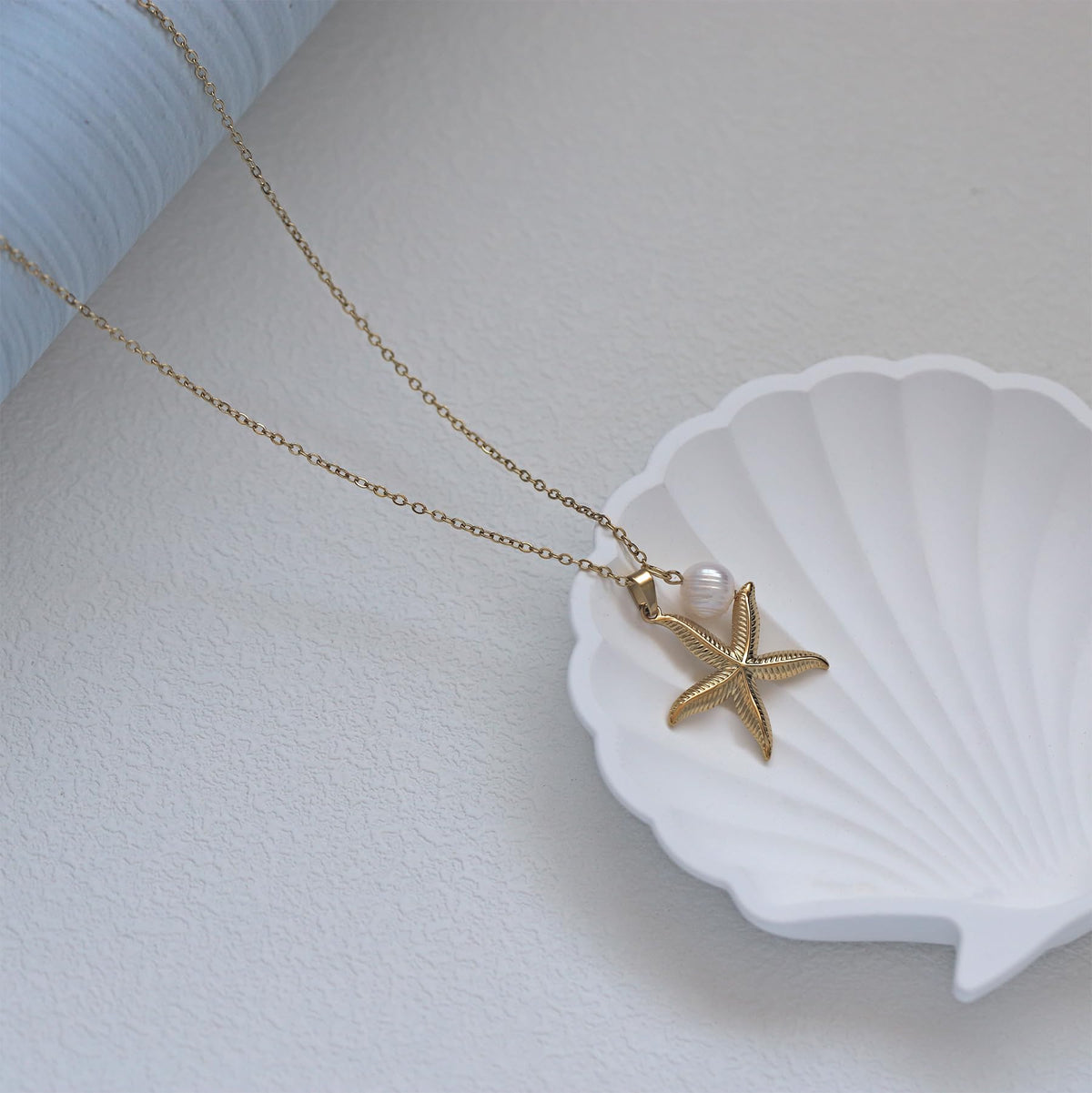 Gold Plated Coastal Starfish and Pearl Necklace for Women,Hypoallergenic Ocean Theme Beach Jewelry