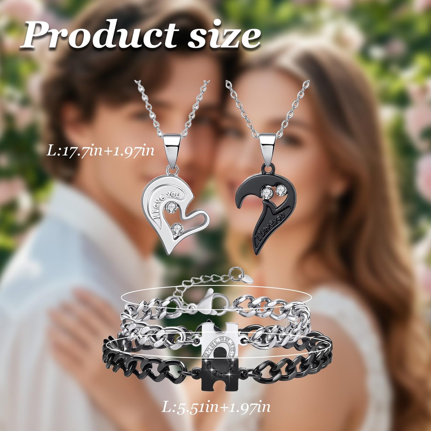 HUASAI 4Pcs Heart Necklaces Women Couples Necklace Bracelets Matching Set for Couples Jewelry Gifts Pendant Matching Necklace Valentines Day Gifts for Her Girlfriend Valentines Accessories